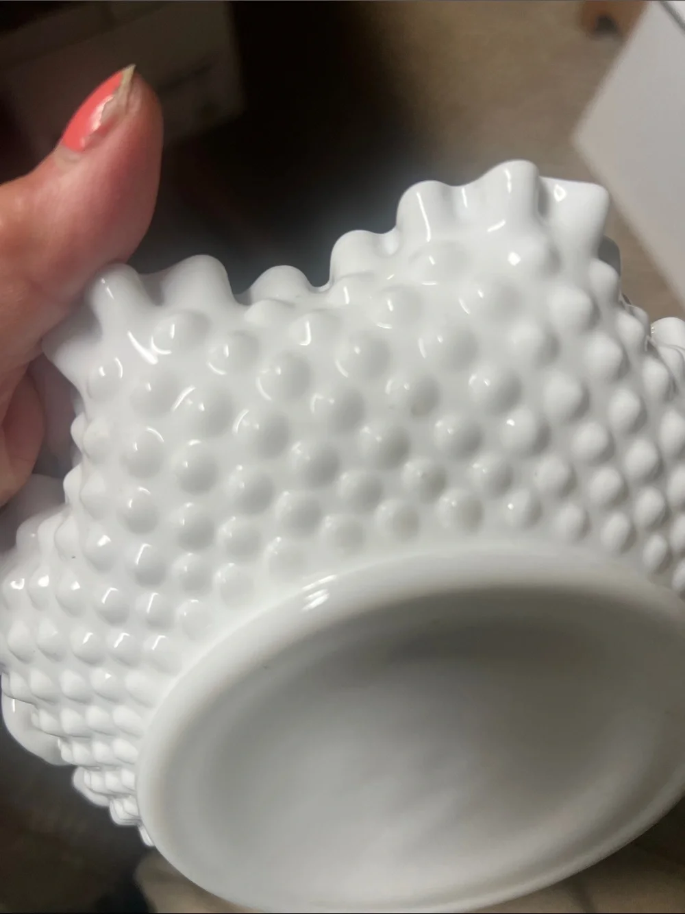 Vintage White Ruffled Milk hobnail Glass Basket